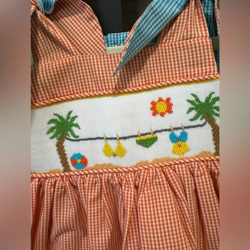 Remember Nguyen smocked dress bows toddler girl gingham palm trees beach vintage